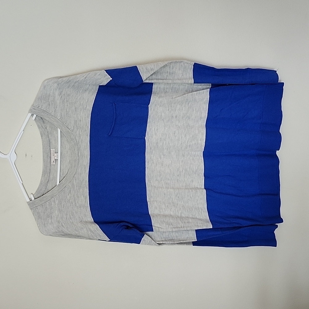 Gap made with silk wide stripe sweater, crewneck, chest pocket, blue gray, small